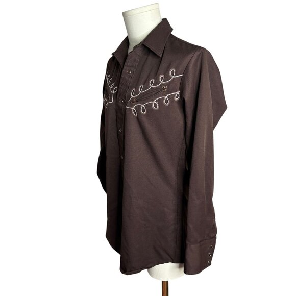 Vintage Karman Western Pearl Snap Shirt Brown Embroidered Long Sleeve Medium - Picture 3 of 6